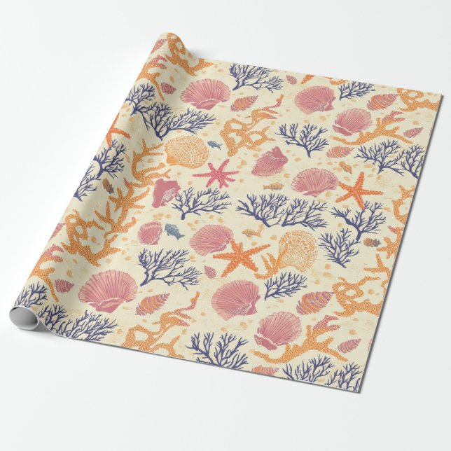 Rustic Coastal - Seashells, Starfish, Reef (1) Wrapping Paper (Unrolled)