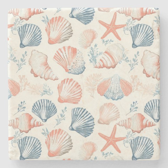 Rustic Coastal - Seashells, Starfish, Reef (23) Stone Coaster (Front)