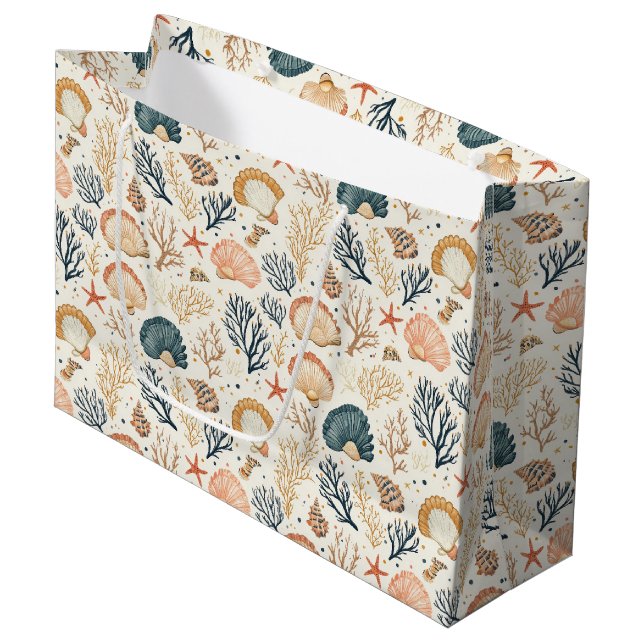 Rustic Coastal - Seashells, Starfish, Reef (24) Large Gift Bag (Front Angled)