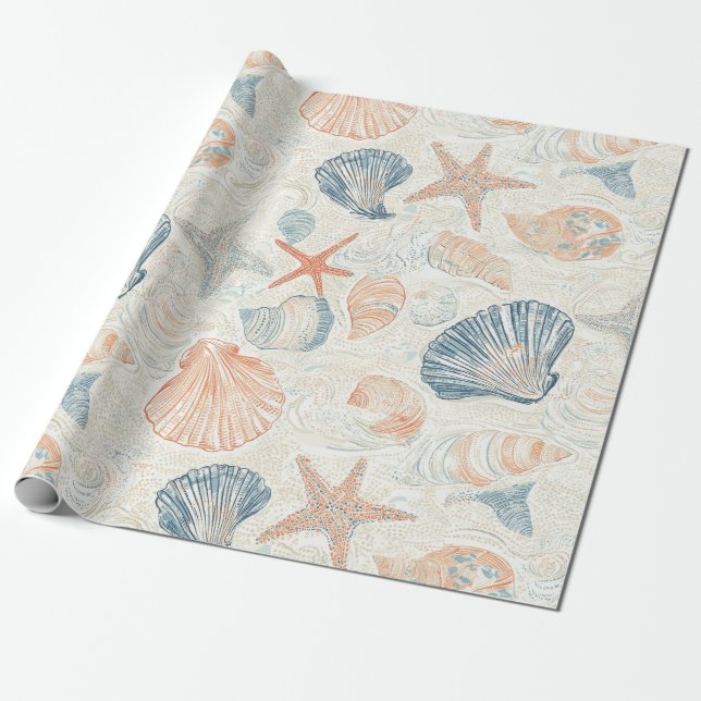 Rustic Coastal - Seashells, Starfish, Reef (25) Wrapping Paper (Unrolled)