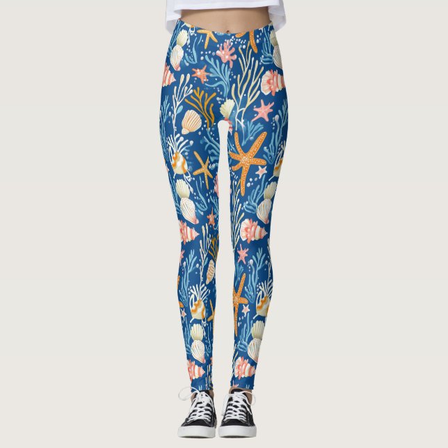 Rustic Coastal - Seashells, Starfish, Reef (26) Leggings (Front)