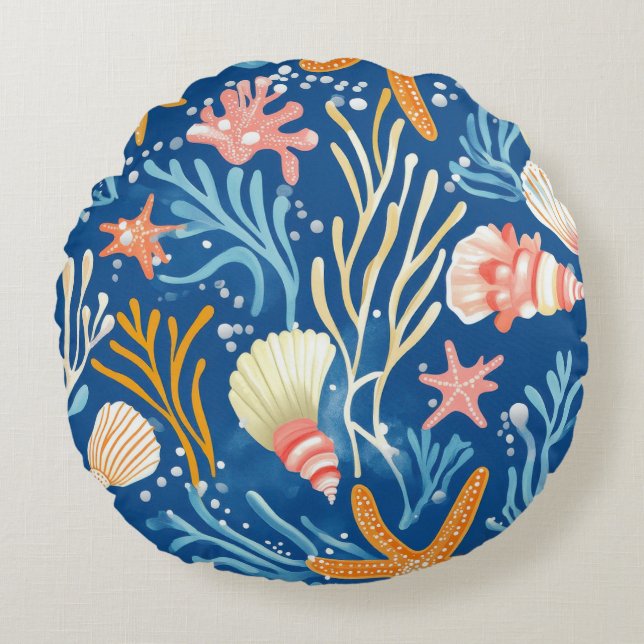 Rustic Coastal - Seashells, Starfish, Reef (26) Round Cushion (Front)