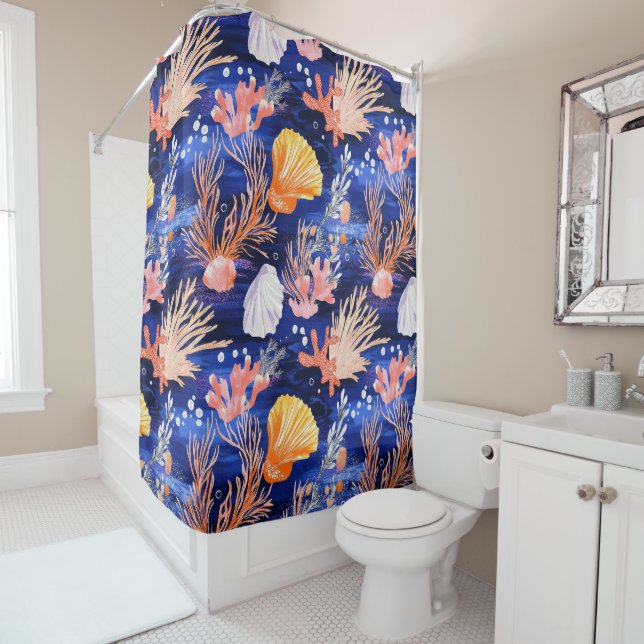 Rustic Coastal - Seashells, Starfish, Reef (27) Shower Curtain (In Situ)