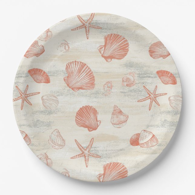 Rustic Coastal - Seashells, Starfish, Reef (29) Paper Plate (Front)