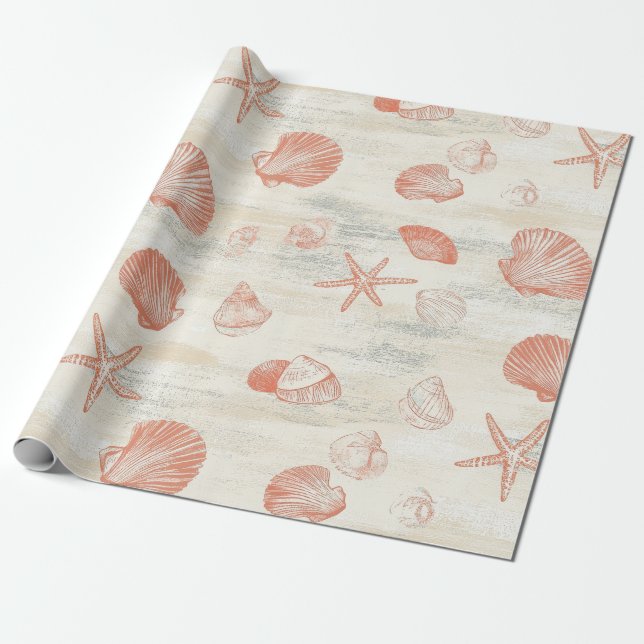 Rustic Coastal - Seashells, Starfish, Reef (29) Wrapping Paper (Unrolled)