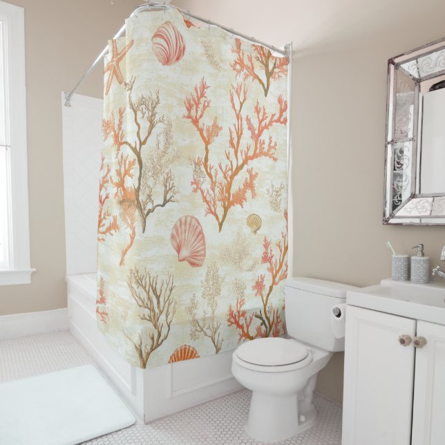Rustic Coastal - Seashells, Starfish, Reef (2) Shower Curtain (In Situ)