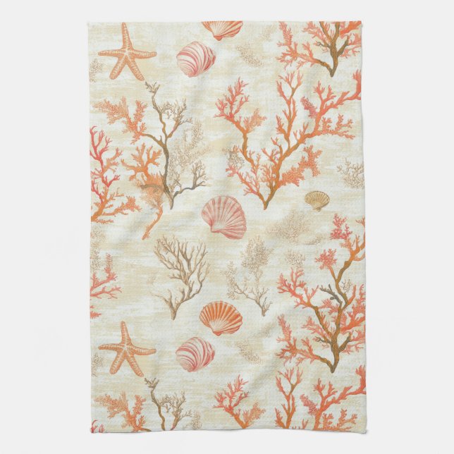 Rustic Coastal - Seashells, Starfish, Reef (2) Tea Towel (Vertical)