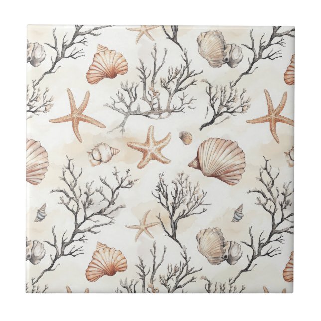 Rustic Coastal - Seashells, Starfish, Reef (31) Tile (Front)
