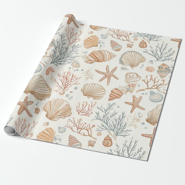 Rustic Coastal - Seashells, Starfish, Reef (32) Wrapping Paper (Unrolled)