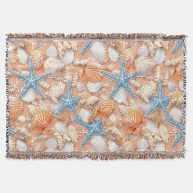 Rustic Coastal - Seashells, Starfish, Reef (4) Throw Blanket (Front)