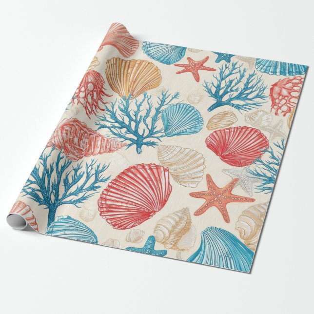 Rustic Coastal - Seashells, Starfish, Reef (7) Wrapping Paper (Unrolled)