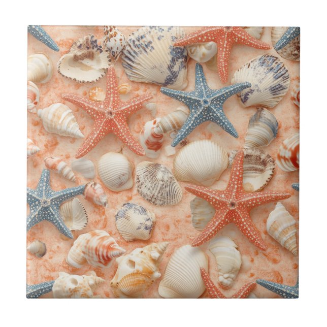 Rustic Coastal - Seashells, Starfish, Reef (8) Tile (Front)