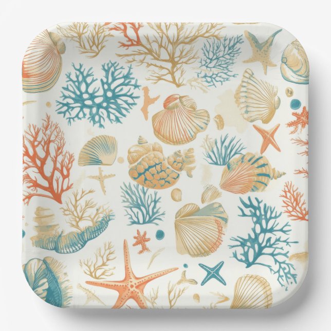 Rustic Coastal - Seashells, Starfish, Reef (9) Paper Plate (Front)