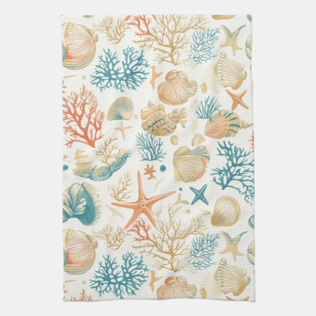 Rustic Coastal - Seashells, Starfish, Reef (9) Tea Towel (Vertical)
