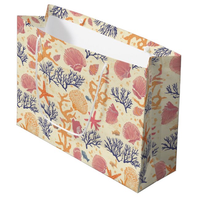 Rustic Coastal - Seashells, Starfish, Reef Large Gift Bag (Front Angled)