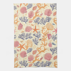 Rustic Coastal - Seashells, Starfish, Reef Tea Towel