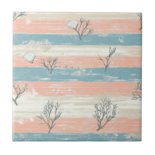 Rustic Coastal Stripes with Seashells and Coral Tile
