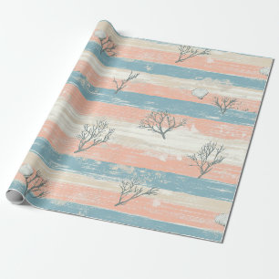 Rustic Coastal Stripes with Seashells and Coral Wrapping Paper