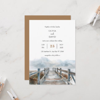 Rustic Coastal Wooden Boardwalk Art Beach Wedding  Invitation