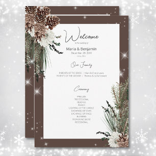 Rustic Cocoa Brown Pine Winter Sparkle Wedding Programme
