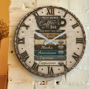 Rustic Coffee Bar Kitchen Farmhouse Decor Large Clock