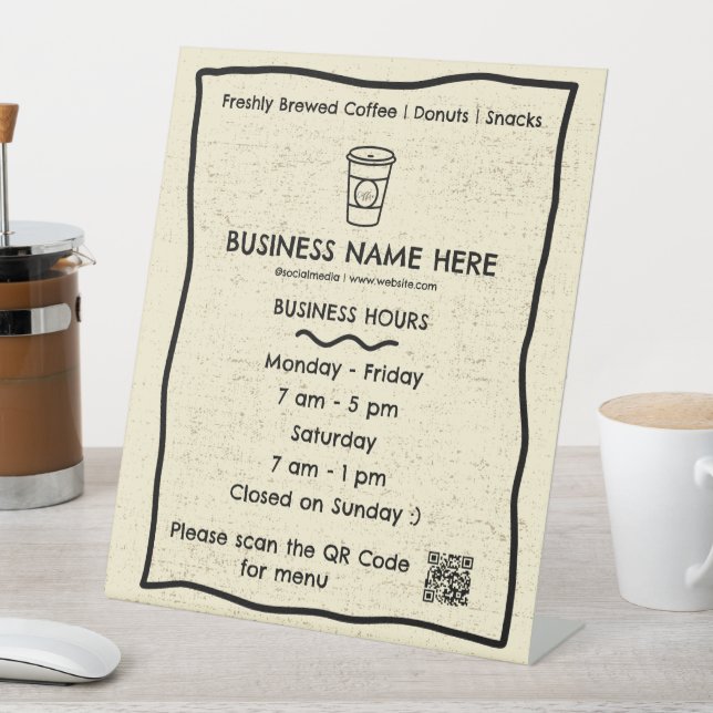 Rustic Coffee Cup Café Opening Hours QR Code Pedes Pedestal Sign (In SItu)