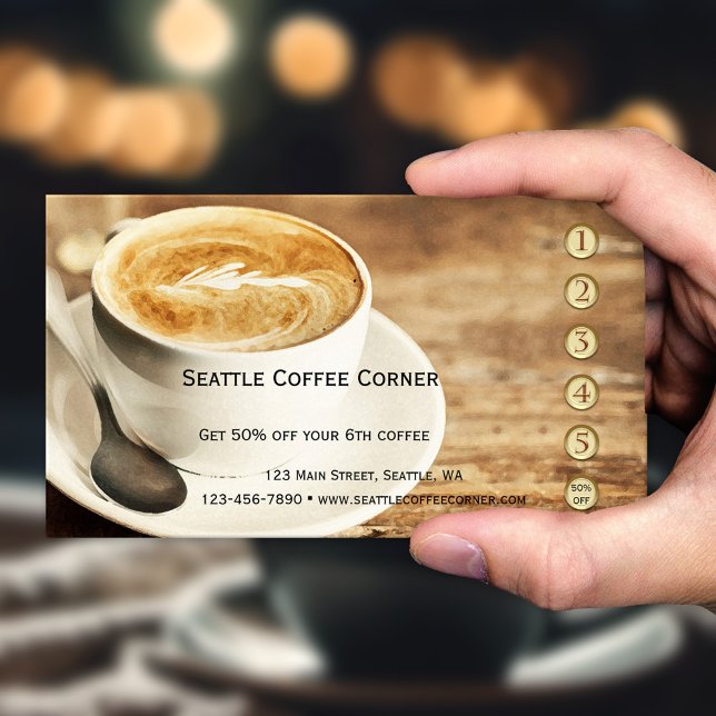 Rustic Coffee Loyalty Punch Card (Loyalty business card with gold and rose gold stylized punch numbers and rustic watercolor coffee)
