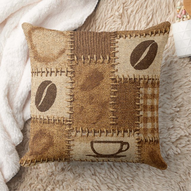 Rustic Coffee Patchwork Quilted Throw Pillow (Blanket)