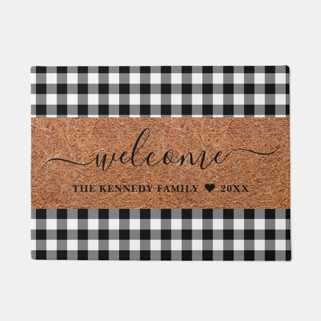 Rustic Coir Welcome Black And White Buffalo Plaid Doormat (Front)
