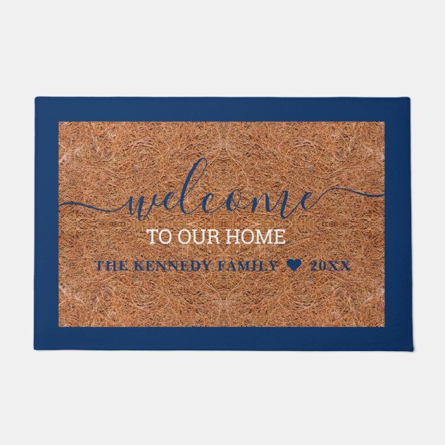 Rustic Coir Welcome  Blue Last Name Personalised  Doormat (Front)