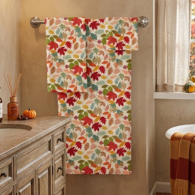 Rustic Colourful Autumn Leaves Seamless Pattern Bath Towel Set (Creator Uploaded)