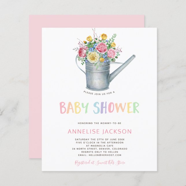 Rustic colourful baby girl BUDGET shower invite (Front/Back)