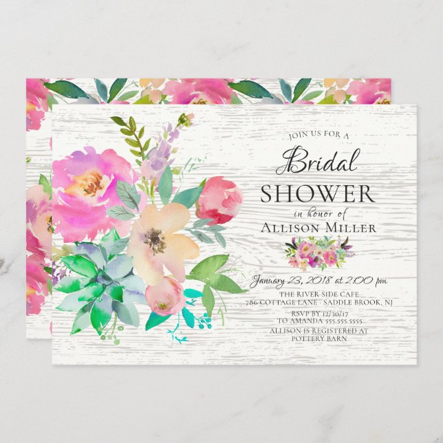 Rustic Colourful Floral Bridal Shower Invitations (Front/Back)