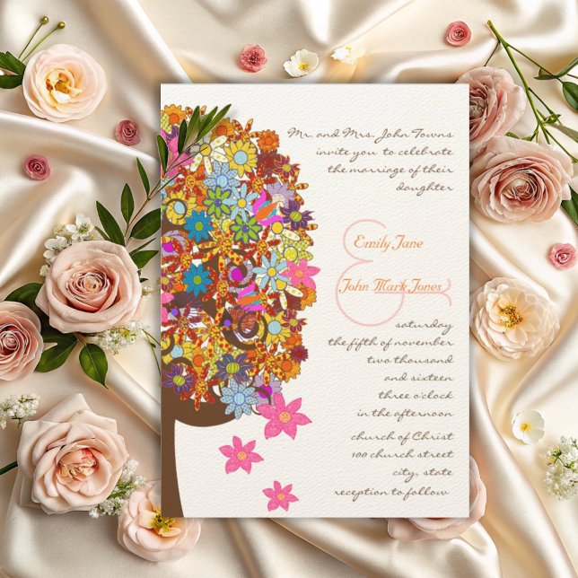 Rustic Colourful Flower Tree Wedding Invitation (Creator Uploaded)