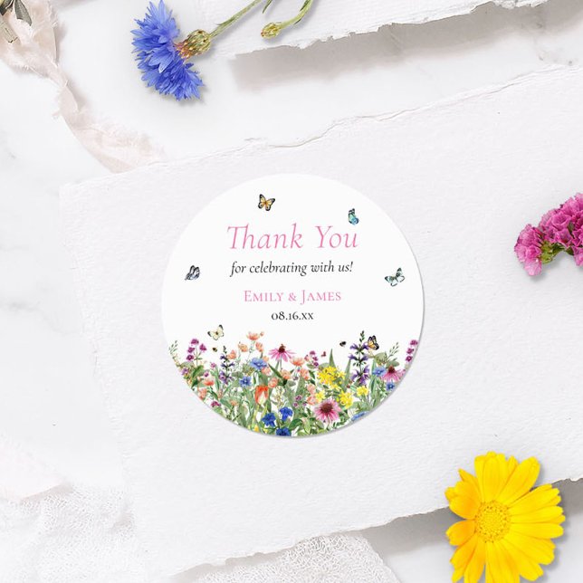 Rustic Colourful Wildflowers Wedding Thank You Classic Round Sticker (Creator Uploaded)