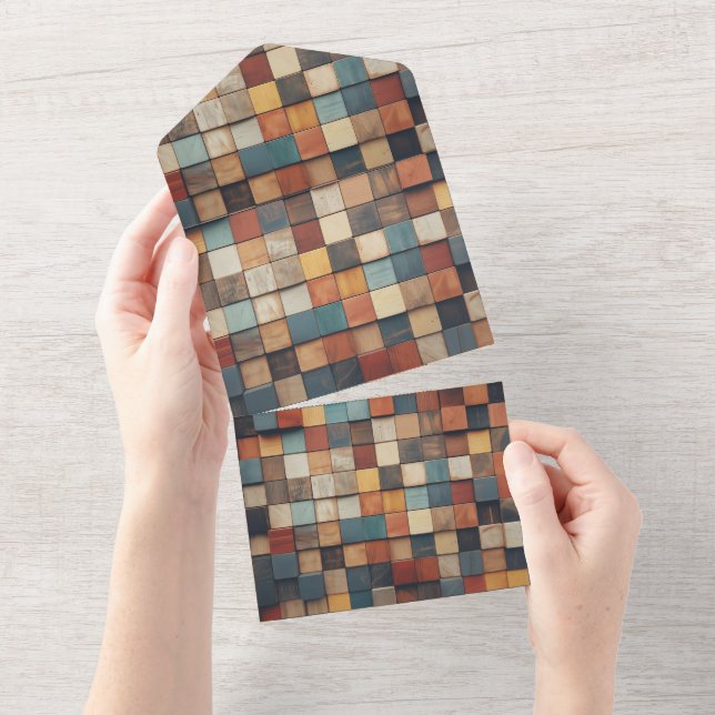 Rustic Colourful Wooden Blocks Pattern All In One Invitation (Tearaway)
