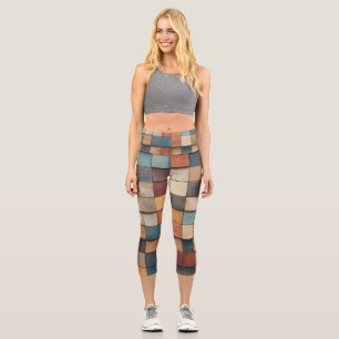 Rustic Colourful Wooden Blocks Pattern Capri Leggings