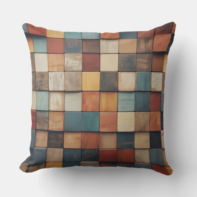 Rustic Colourful Wooden Blocks Pattern Cushion (Front)