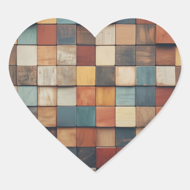 Rustic Colourful Wooden Blocks Pattern Heart Sticker (Front)