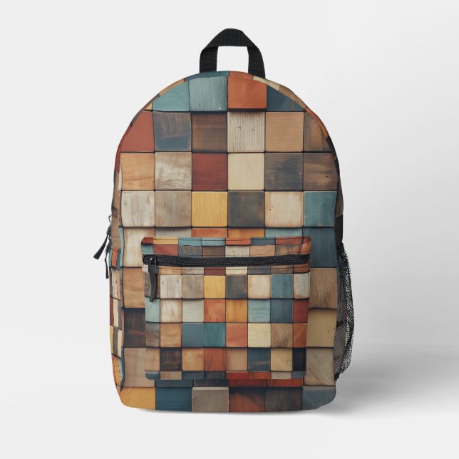 Rustic Colourful Wooden Blocks Pattern Printed Backpack (Front)