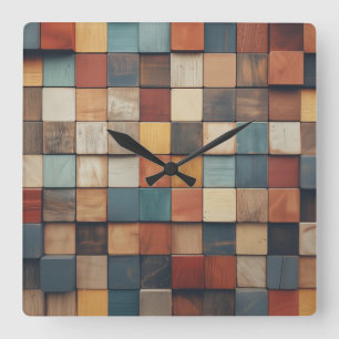 Rustic Colourful Wooden Blocks Pattern Square Wall Clock