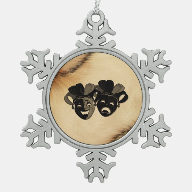 Rustic Comedy and Tragedy Theatre Design Snowflake Pewter Christmas Ornament (Front)
