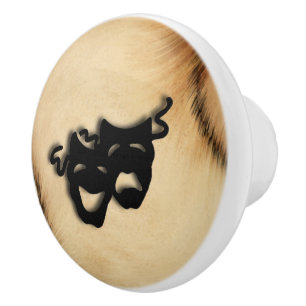 Rustic Comedy and Tragedy Theatre Masks Ceramic Knob
