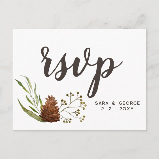 Rustic Conifer Pine cone Wedding Rsvp Invitation Postcard (Front)