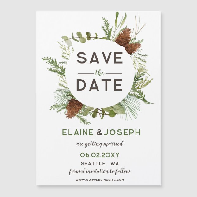 Rustic Conifer Pine cone wedding Save the Date (Front)