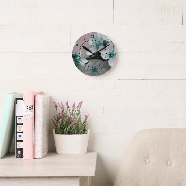 Rustic Contemporary Teal Flower  Round Clock (Reading Room)
