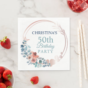 Rustic Copper Blue Floral 50th Birthday Party Napkin