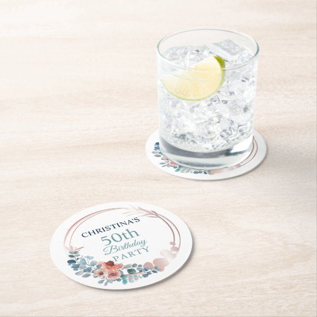 Rustic Copper Blue Floral 50th Birthday Party   Round Paper Coaster (Insitu)