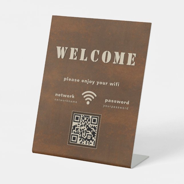 Rustic Copper Brown Metal wifi Welcome Pedestal Sign (Front)