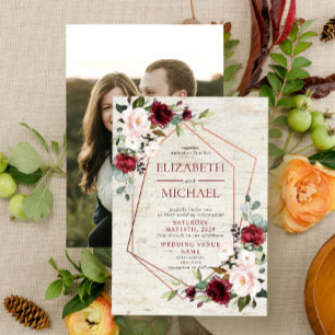 Rustic Copper Geometric Burgundy Photo Wedding Invitation